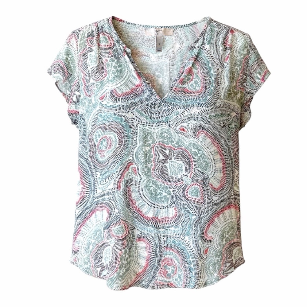 Joie 100% Silk Paisley V-Neck Cap Sleeve Blouse Sage Ivory Coral S​